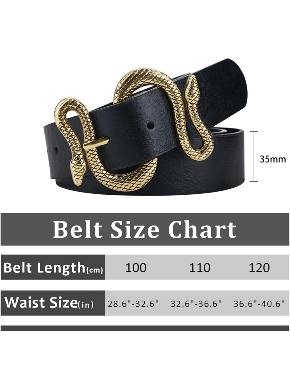 Black Leather Belt with Gold Snake Buckle - Picture 2 of 5